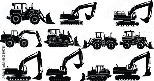 Construction machinery silhouette vector set, excavator, bulldozer, loader, backhoe, industrial heavy equipment illustrations for building work, construction site vehicles graphic design