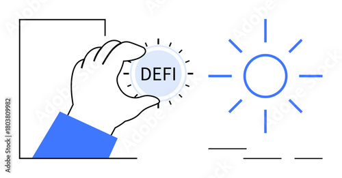 Hand holding circular DeFi coin next to a radiant sun figure, representing growth, decentralization, technology, innovation, cryptocurrency, blockchain, and sustainability in a simple flat metaphor