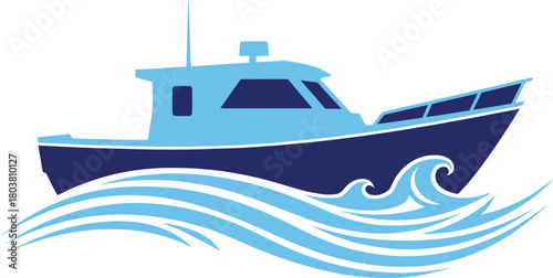 Blue fishing boat sailing on stylized blue and white ocean waves