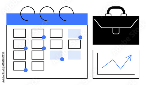 Calendar with highlighted dates, black briefcase, and line growth chart showcasing organization, time management, and productivity. Ideal for business, planning, strategy, growth success