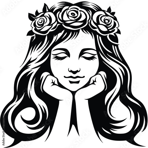 Serene woman rests head in hands with rose flower crown in black monochrome