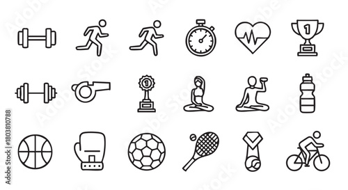 Sports and fitness icons in a simple outlined style collection