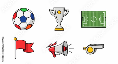 Sports Icons Soccer, Trophy, Field, Flag, Megaphone, and Whistle