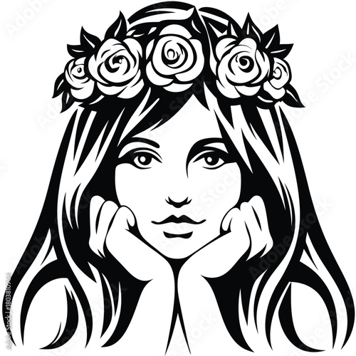 Serene woman adorned with rose garland rests chin on her hands looking forward