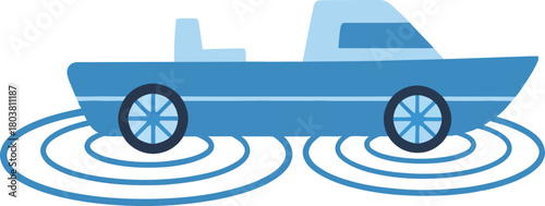 Futuristic amphibious car driving on water with ripples