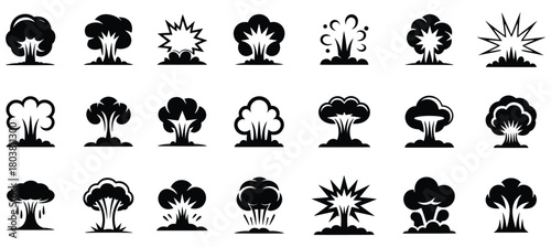 Explosions and mushroom cloud silhouette icons, Explosion Icon Set - Bomb and Blast Vector, Nuclear explosion mushroom cloud set icon