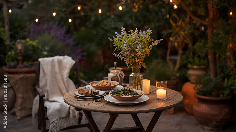 Obraz premium A warm and cozy garden patio at early evening featuring a round wooden table with ceramic dishes, fresh pasta, olive oil, and herbs. Amber string lights glow above the seating area, while terracotta 