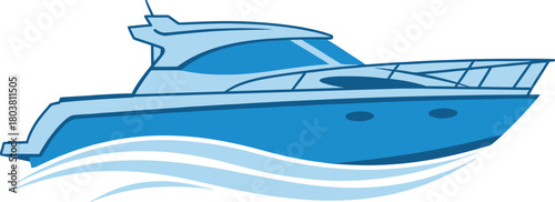 Modern blue motor yacht sailing on stylized waves