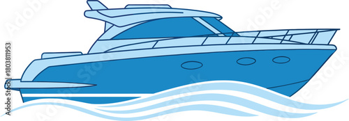 Sleek blue motor yacht cruising on gentle ocean waves