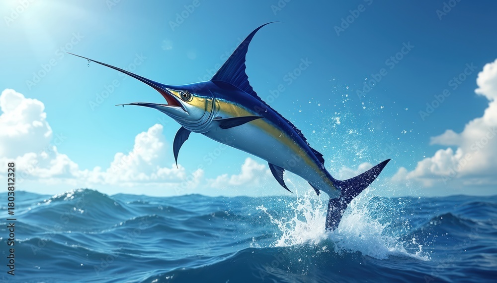 Fototapeta premium Marlin jumps out of water in open sea. Blue sky background with soft clouds. Illustration shows game fishing sport with action in nature marine wildlife. Marine life predator hunts in ocean waters.