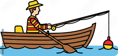 Man in rowboat fishing with bobber on calm blue water