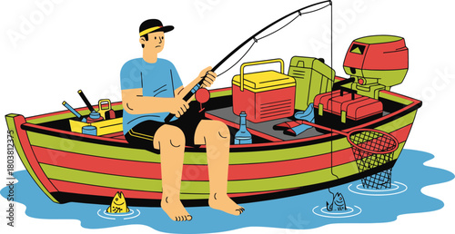 Man fishing from a colorful rowboat filled with gear and supplies