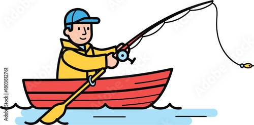 Man in a red boat fishing with a rod and reel