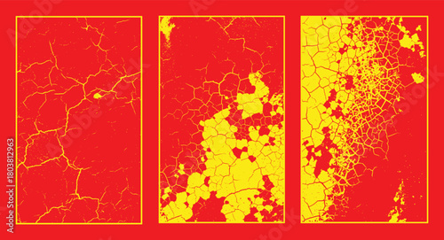 Cracked wall vector texture set. Damaged surface and old aged concrete background with paint.
