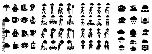 Weather icons collection: rain, clouds, people, activities