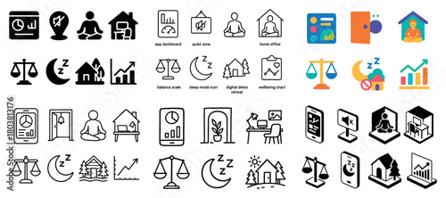 Mixed icon set of balance, meditation, and technology