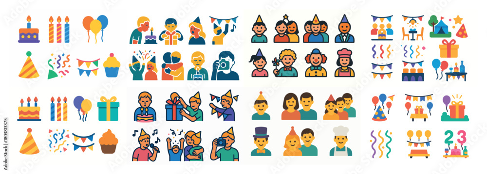 Obraz premium Colorful birthday celebration icons collection