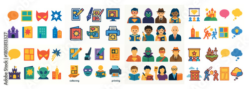Colorful icons of superheroes and people