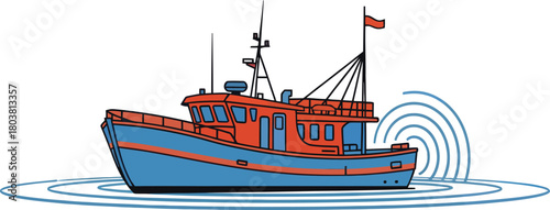 Fishing boat with sonar waves emanating from its hull at sea