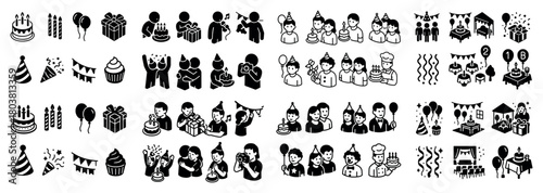 Celebratory icon set with diverse party scenes