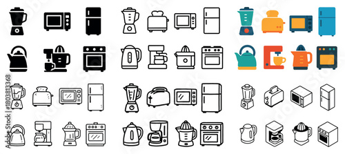 Kitchen appliance icons set in various styles