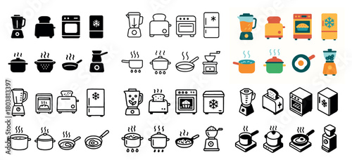 Kitchen appliances icons - blender, oven, pot, fridge