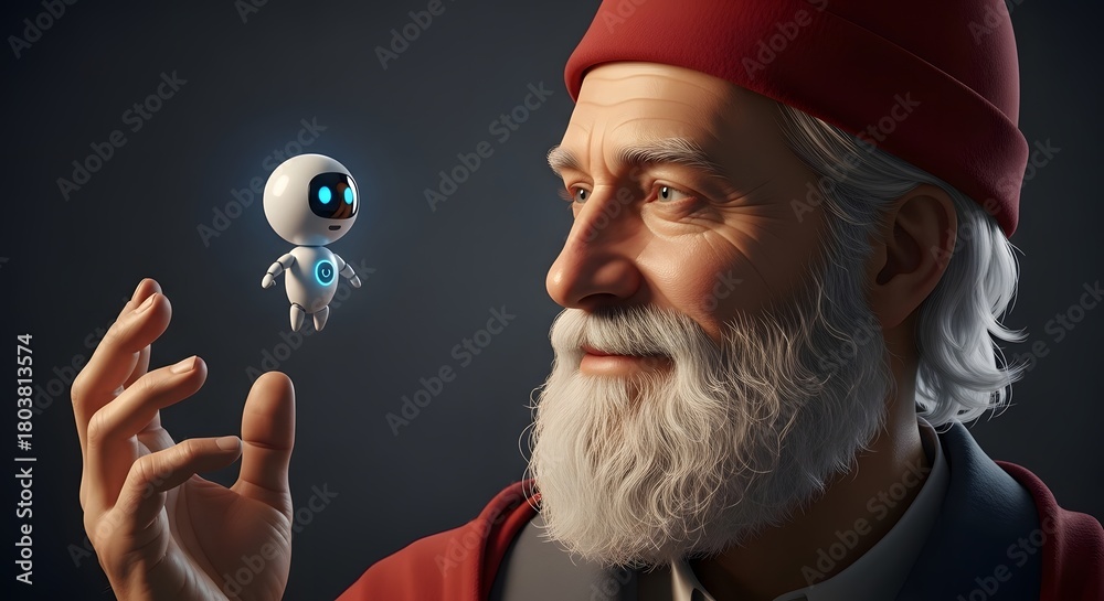 Fototapeta premium Futuristic elder contemplates cutting-edge technology with floating robot companion by his side today