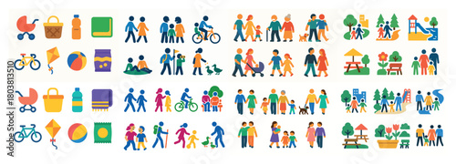 Diverse families and activities in colorful icons