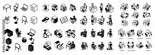 Isometric office elements and working people
