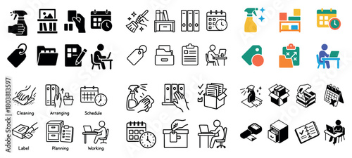 Office icons collection: planning, cleaning, organizing