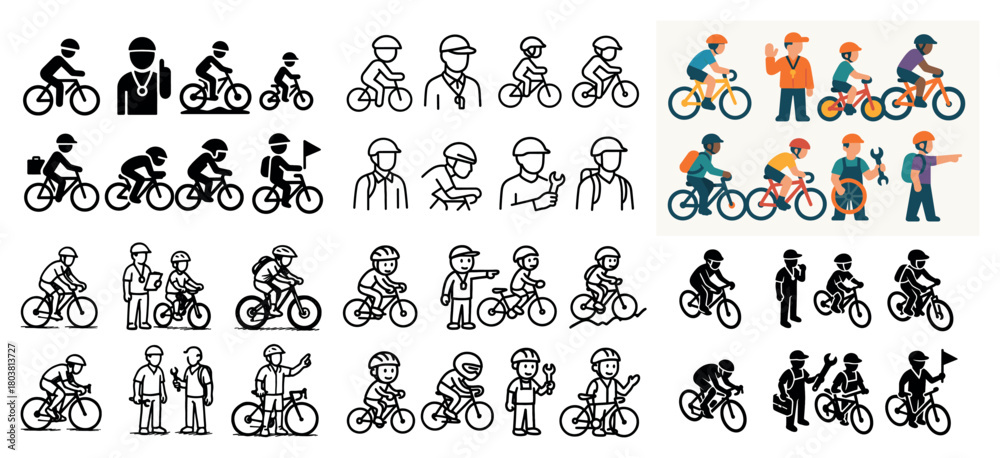 Obraz premium Diverse cyclists in various outfits and roles
