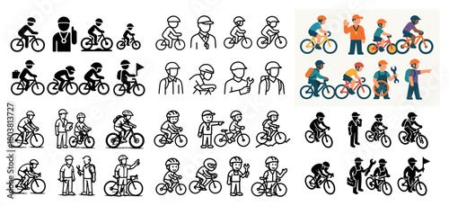 Diverse cyclists in various outfits and roles