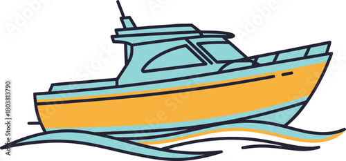 Colorful cartoon motorboat sailing on wavy blue water