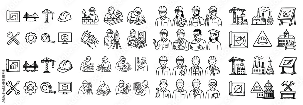 Obraz premium Construction worker icons and engineering equipment