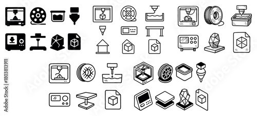 Diverse 3d printer icon set in black and white