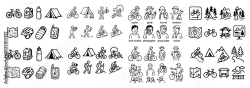 Outdoor adventure icons: cycling, camping, hiking