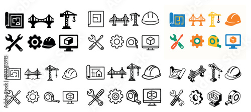 Construction tools and icons set in various styles