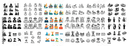 Marine adventure icons collection in black and color