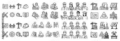Construction worker icons and engineering equipment