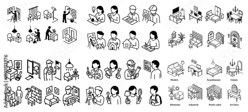 Diverse design professionals and interior styles illustrations