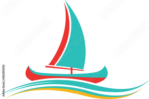Colorful sailboat gliding on stylized blue and green ocean waves