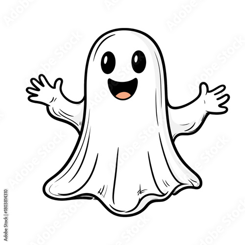 Cartoonish White Ghost with Joyful Expression on Isolated White Background