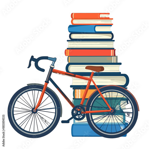 Red Bicycle Leaning Against Tall Stack of Colorful Books on White Background