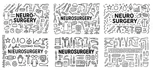 Neurosurgery tools and concepts doodle set