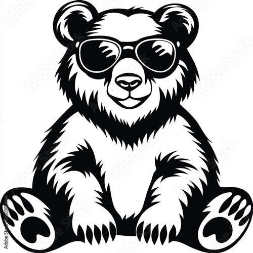 Sitting bear wears sunglasses with a cool expression in black and white format