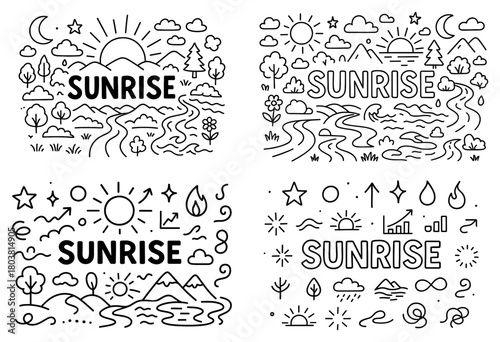 Sunrise icons with nature elements and symbols