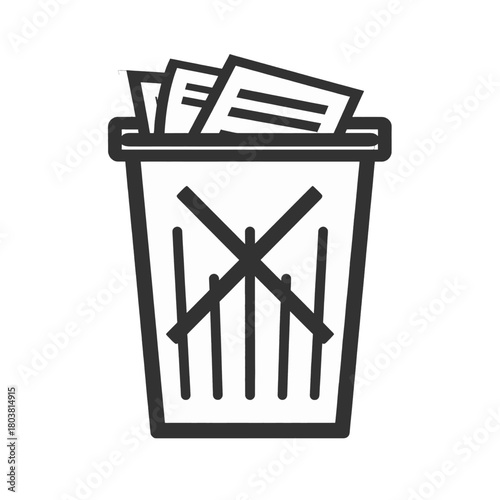 Monochrome Illustration of Waste Basket with Paper Overflowing Marked with an X