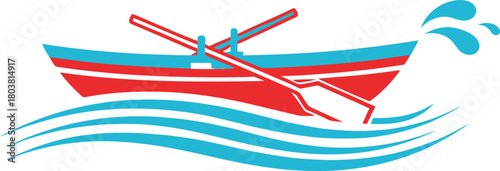 Red rowboat with oars glides through blue wavy water with splashes