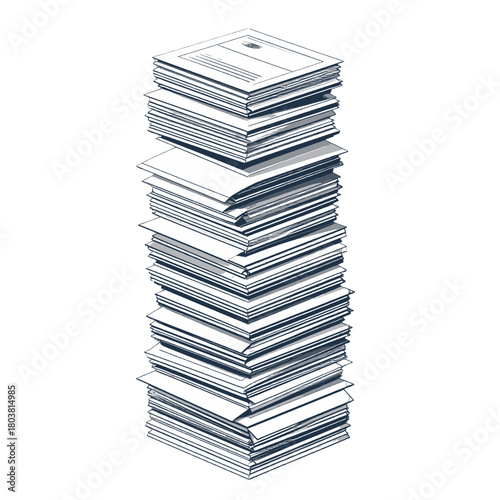 Tall Stack of White Papers with Blue Ink on Isolated White Background