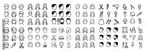 Hairdressing icons and hairstyles set